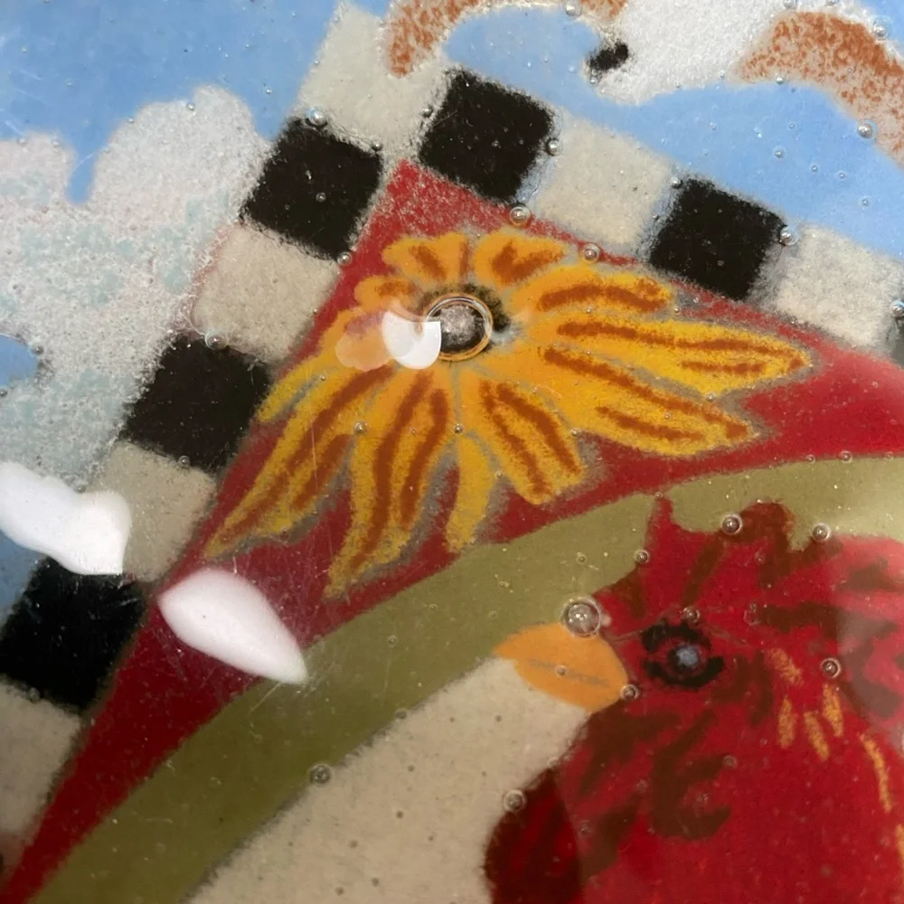 Peggy Karr rooster farmhouse fused glass plate 2000